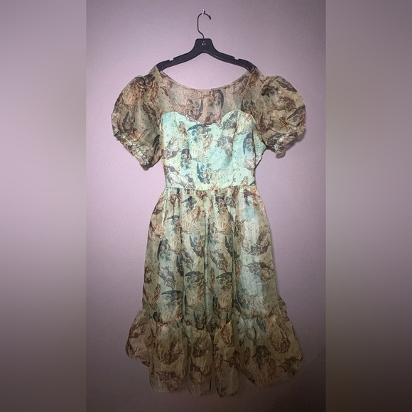 Hot Topic Aqua Mermaid-Print Sheer Midi Dress with Ruffle Hem - Picture 4 of 7